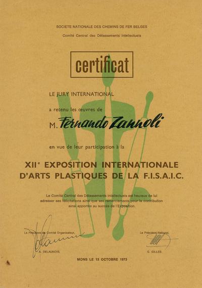 Certificato della XII Exposition Internationale d'Arts Plastiques de la F.I.S.A.I.C., Mons 1973