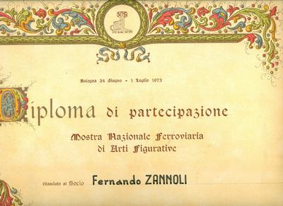 Diploma di partecipazione alla Mostra Nazionale Ferroviaria di Arti Figurative, Bologna 1973