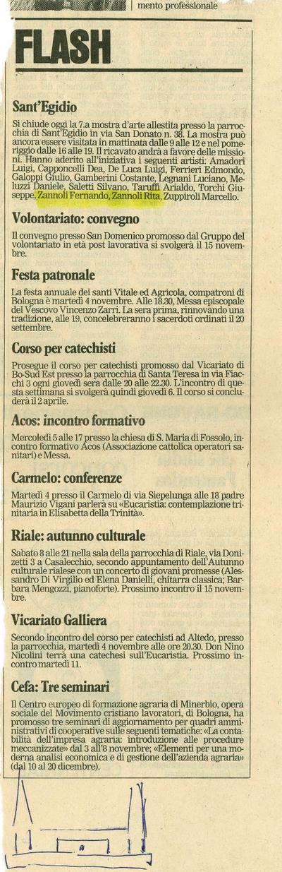 Ritaglio di giornale sulla 7ª mostra d'arte della parrocchia di Sant'Egidio a Bologna, con Fernando e la figlia Rita tra gli artisti