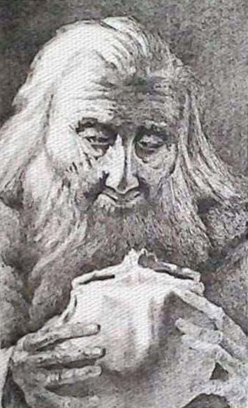 Anziano con fagotto, disegno a china di Fernando Zannoli