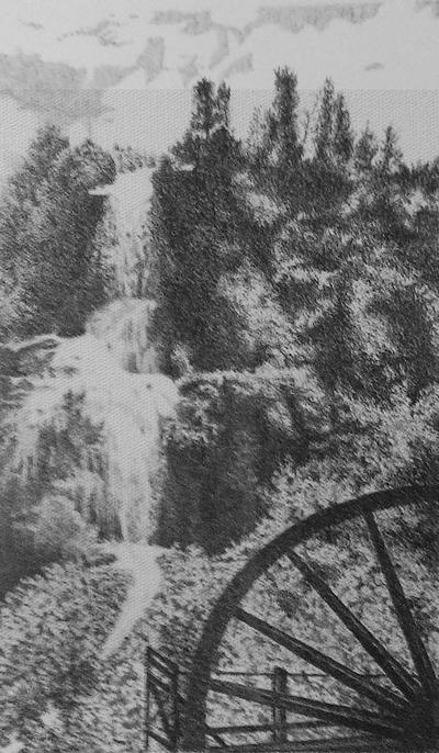 Cascata e ruota del mulino, disegno a china di Fernando Zannoli