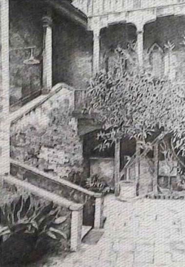 Cortile con scala esterna e rampicanti, disegno a china di Fernando Zannoli