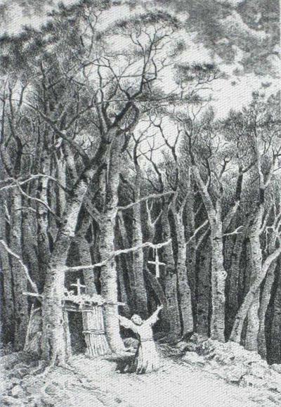 Frate in preghiera nel bosco, disegno a china di Fernando Zannoli