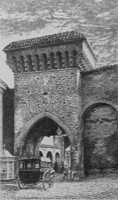 Porta turrita con carrozza, disegno a china di Fernando Zannoli