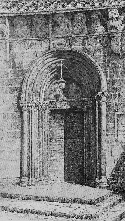 Portale romanico, disegno a china di Fernando Zannoli