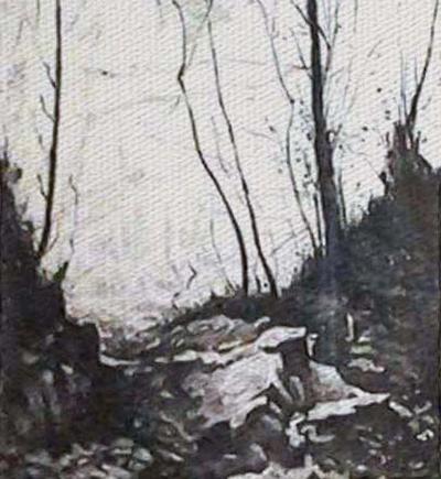 Sottobosco con alberi spogli, disegno a china di Fernando Zannoli