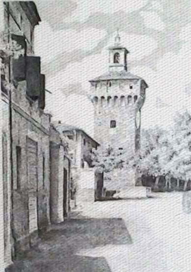 Strada di paese con torre, disegno a china di Fernando Zannoli