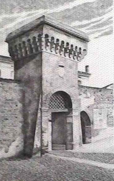 Torre merlata con portale, disegno a china di Fernando Zannoli