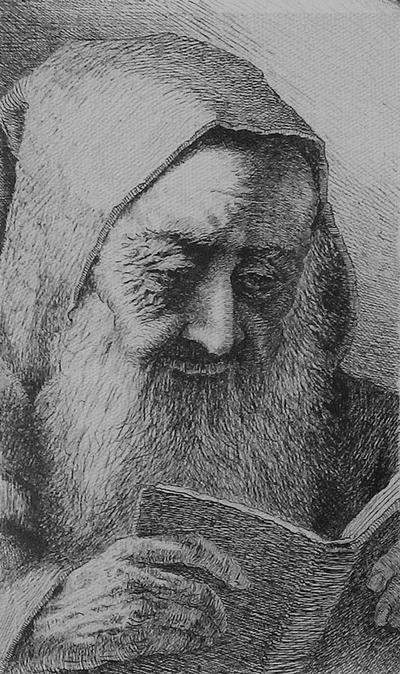 Vecchio che legge, disegno a china di Fernando Zannoli