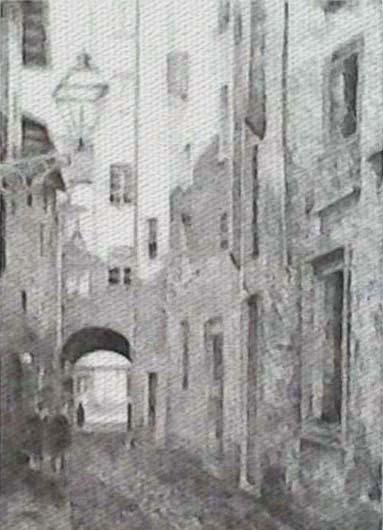 Vicolo con sottopassaggio ad arco, disegno a china di Fernando Zannoli