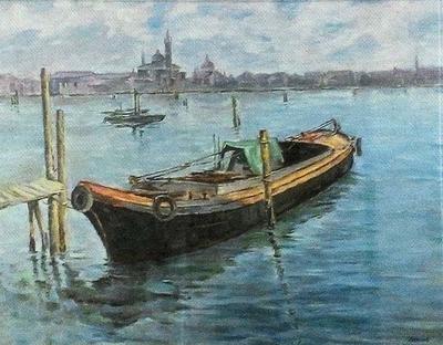 Barca nella laguna, dipinto a olio di Fernando Zannoli