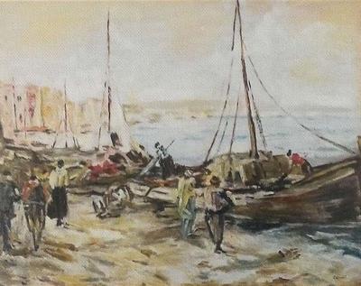 Barche da pesca sulla spiaggia, dipinto a olio di Fernando Zannoli
