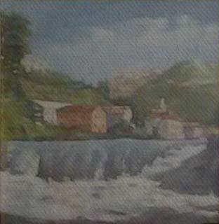 Borgo lungo il fiume, dipinto a olio di Fernando Zannoli