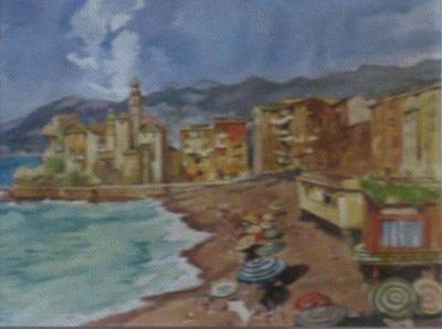 Borgo marinaro con spiaggia, dipinto a olio di Fernando Zannoli