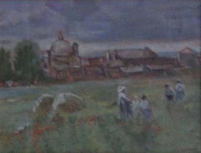 Campagna con figure e città all'orizzonte, dipinto a olio di Fernando Zannoli