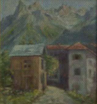 Case di montagna tra le vette, dipinto a olio di Fernando Zannoli