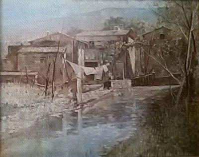 Case lungo il fiume con panni stesi, dipinto a olio di Fernando Zannoli