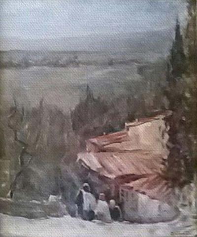 Casolare in valle con figure, dipinto a olio di Fernando Zannoli