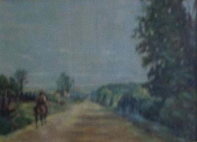 Cavaliere sulla strada di campagna, dipinto a olio di Fernando Zannoli