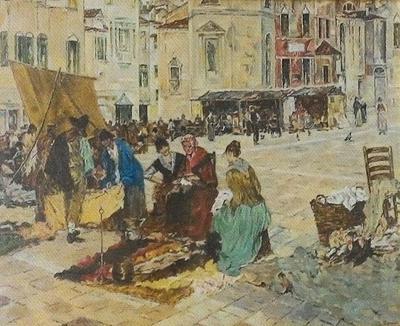 Mercato in piazza, dipinto a olio di Fernando Zannoli