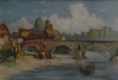 Ponte ad arcate e cupola, dipinto a olio di Fernando Zannoli