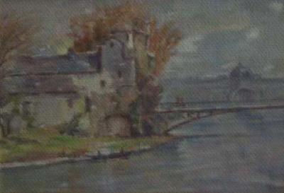 Rocca sul fiume con ponte, dipinto a olio di Fernando Zannoli