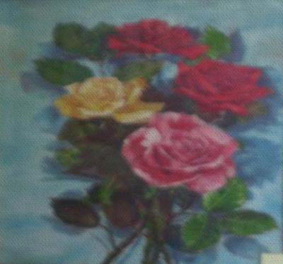 Rose rosse, rosa e gialle, dipinto a olio di Fernando Zannoli