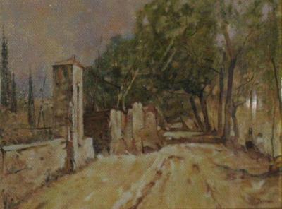 Strada di campagna con cancello, dipinto a olio di Fernando Zannoli
