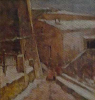 Strada innevata tra le case, dipinto a olio di Fernando Zannoli