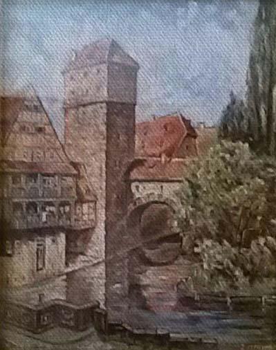 Torre e case a graticcio sul fiume, dipinto a olio di Fernando Zannoli