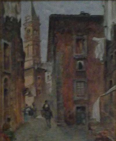 Vicolo con campanile, dipinto a olio di Fernando Zannoli